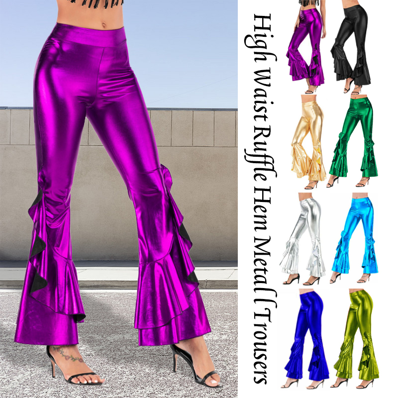 Wide Leg Trouser 70S - Kadın Parlak Flare Pantolon Metalik Çan