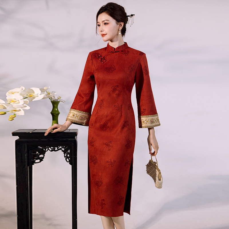 Vintage Fashion Gen Z - Lüks Süet Kadife Qipao - Geniş