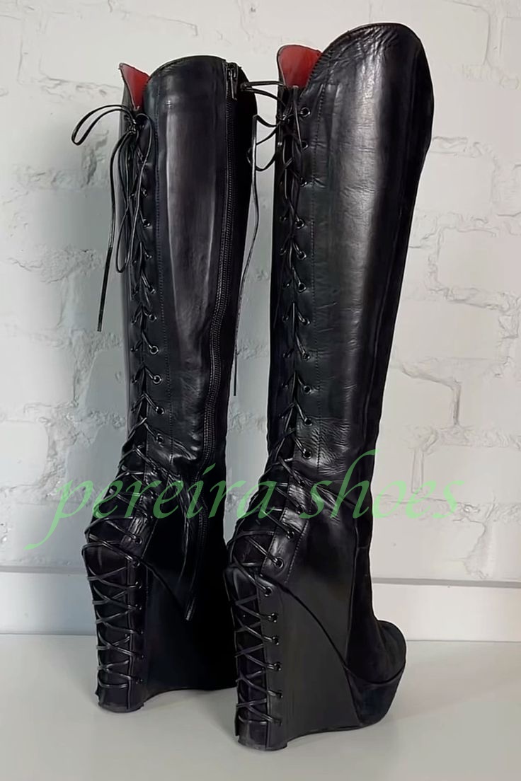 Vintage Zipper - Bayan Siyah Platform Dolgu Topuklu Diz